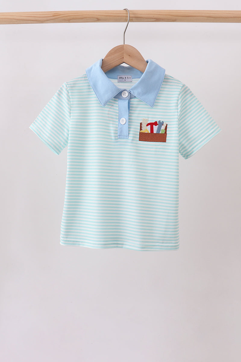 Boys Tool Embroidery Stripe Shirt | Cute Toddler Top with Construction Details