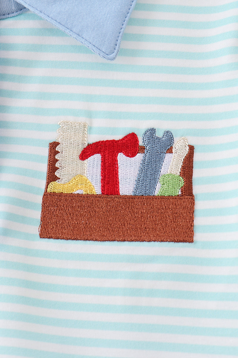 Boys Tool Embroidery Stripe Shirt | Cute Toddler Top with Construction Details