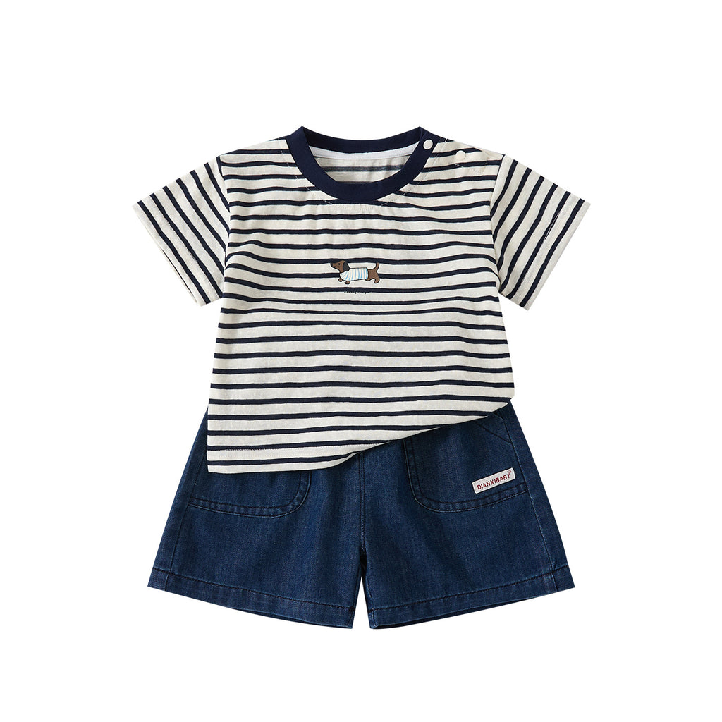 Lightweight Casual Cartoon Dog Stripe Short Sleeve T-Shirt with Stylish Versatile Denim Shorts