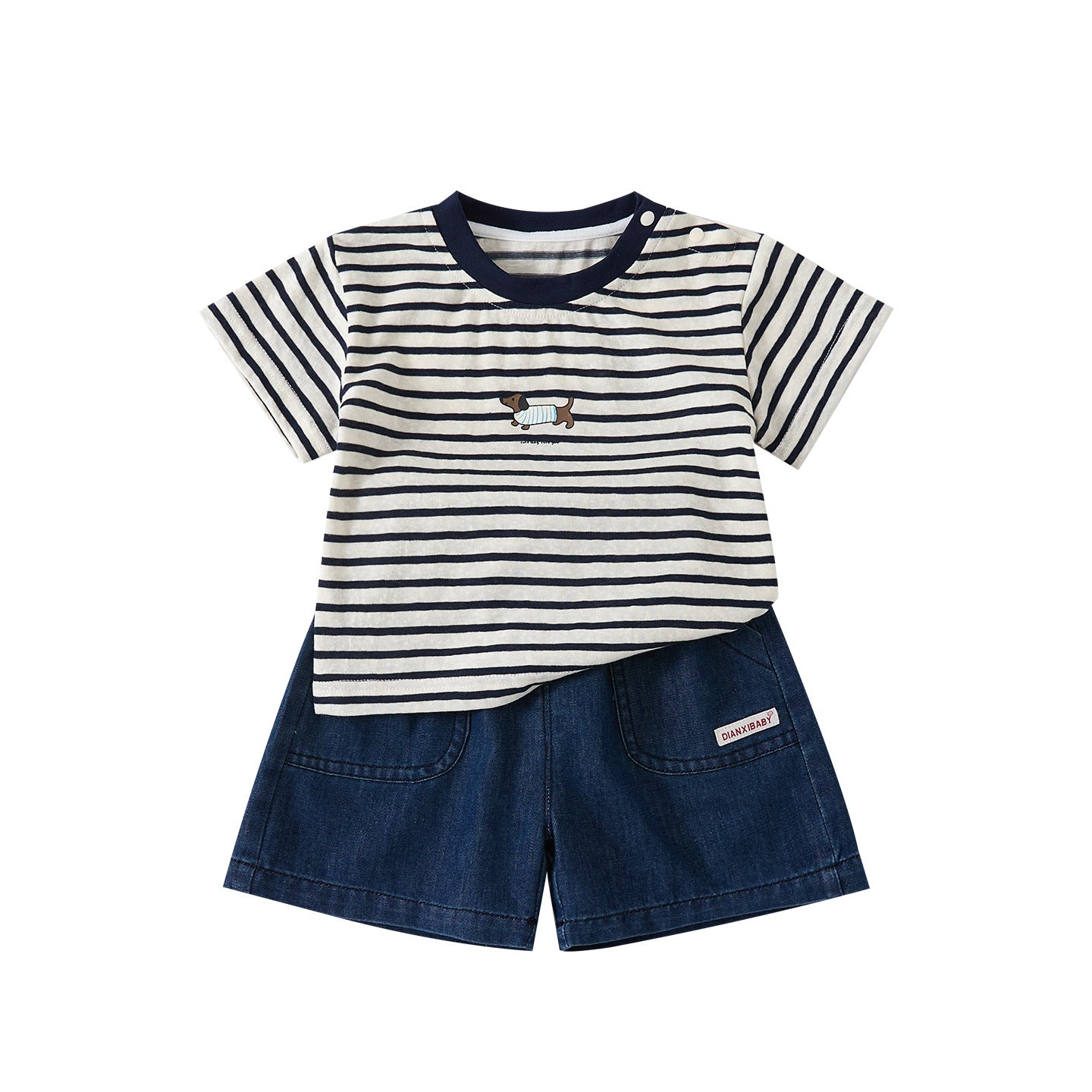 Lightweight Casual Cartoon Dog Stripe Short Sleeve T-Shirt with Stylish Versatile Denim Shorts