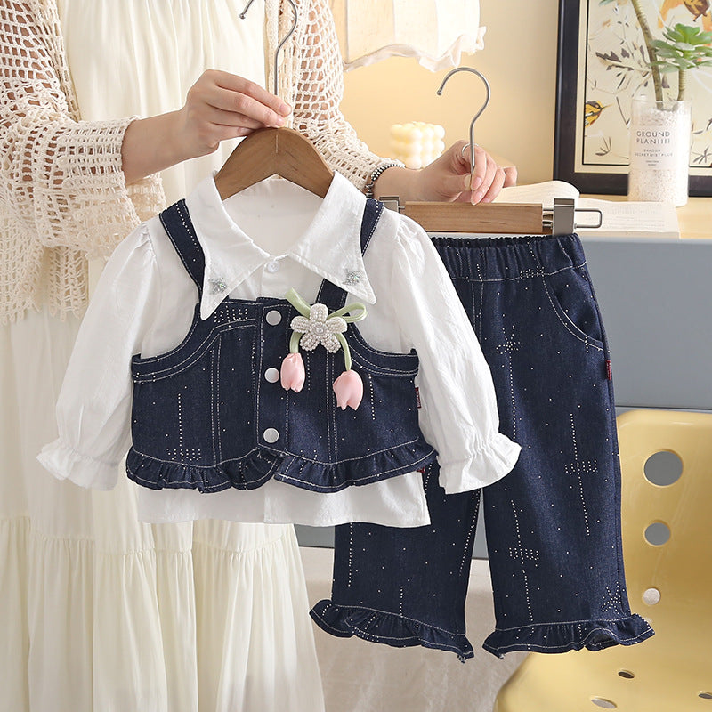 Baby girl denim suspender long sleeved three piece set