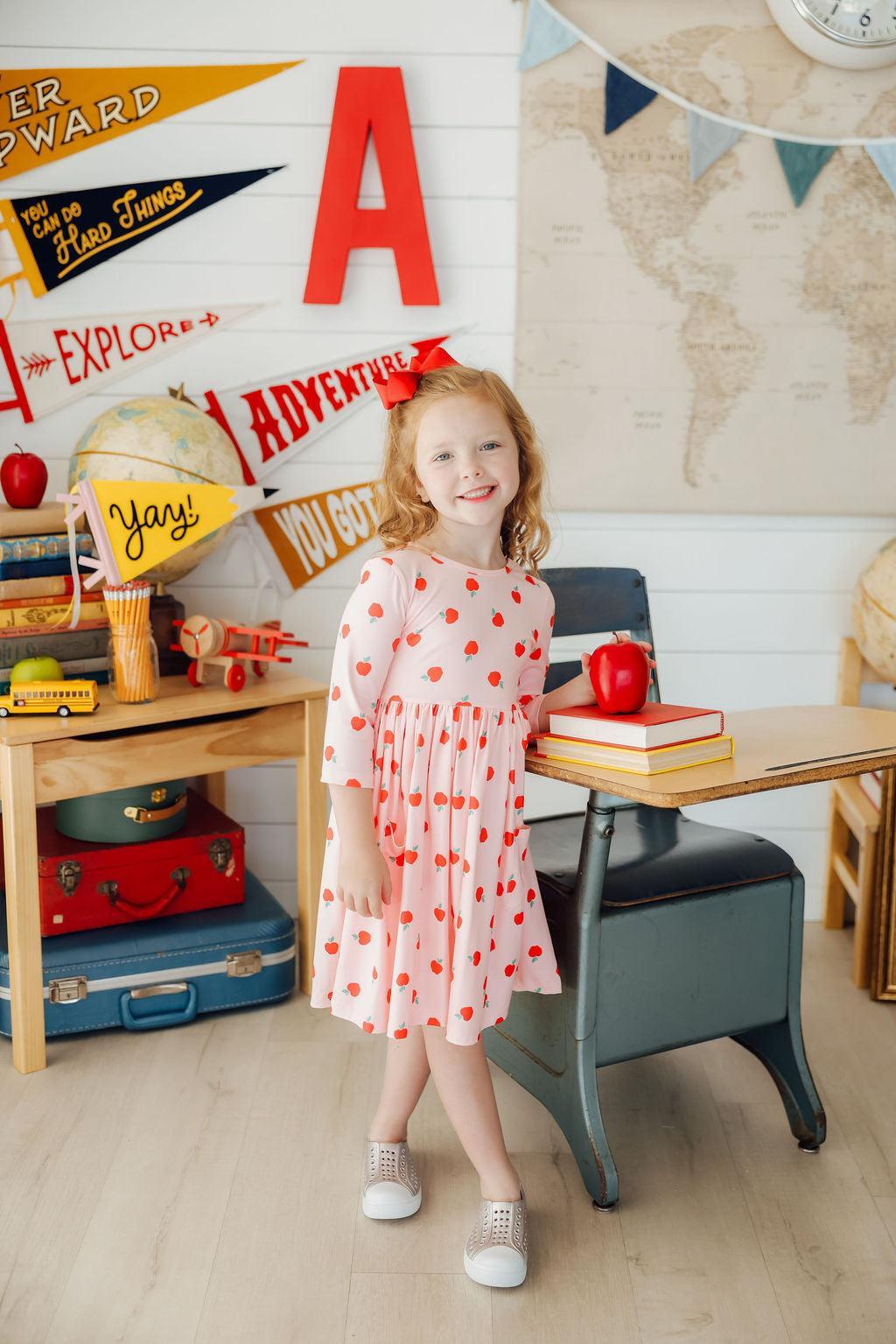 An Apple a Day 3/4 Sleeve Pocket Twirl Dress