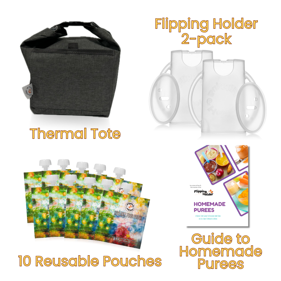 Baby Shower Gift Bundle | Flipping Holder, Reusable Pouches, Thermal Tote & Puree Guide