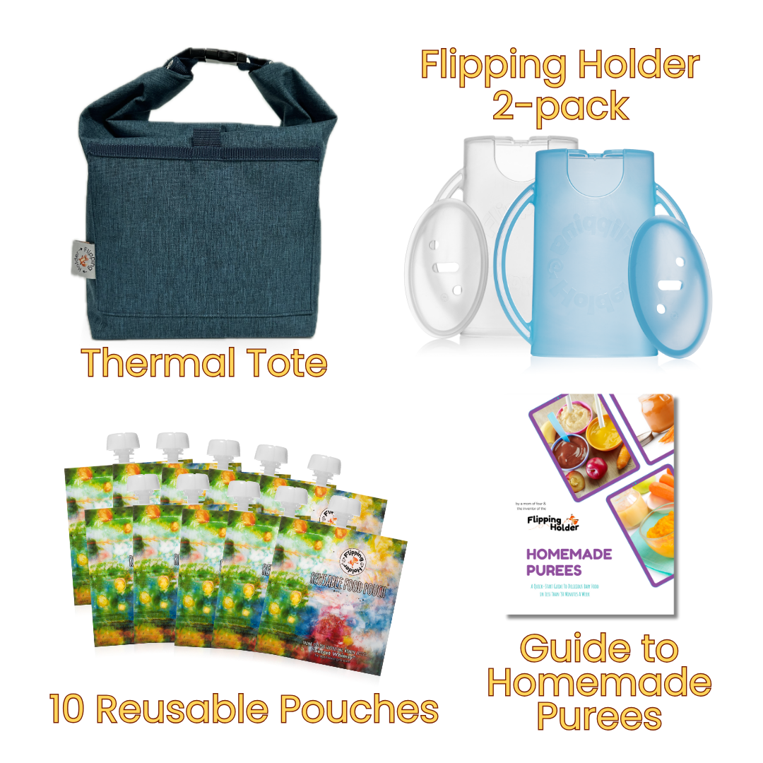 Baby Shower Gift Bundle | Flipping Holder, Reusable Pouches, Thermal Tote & Puree Guide