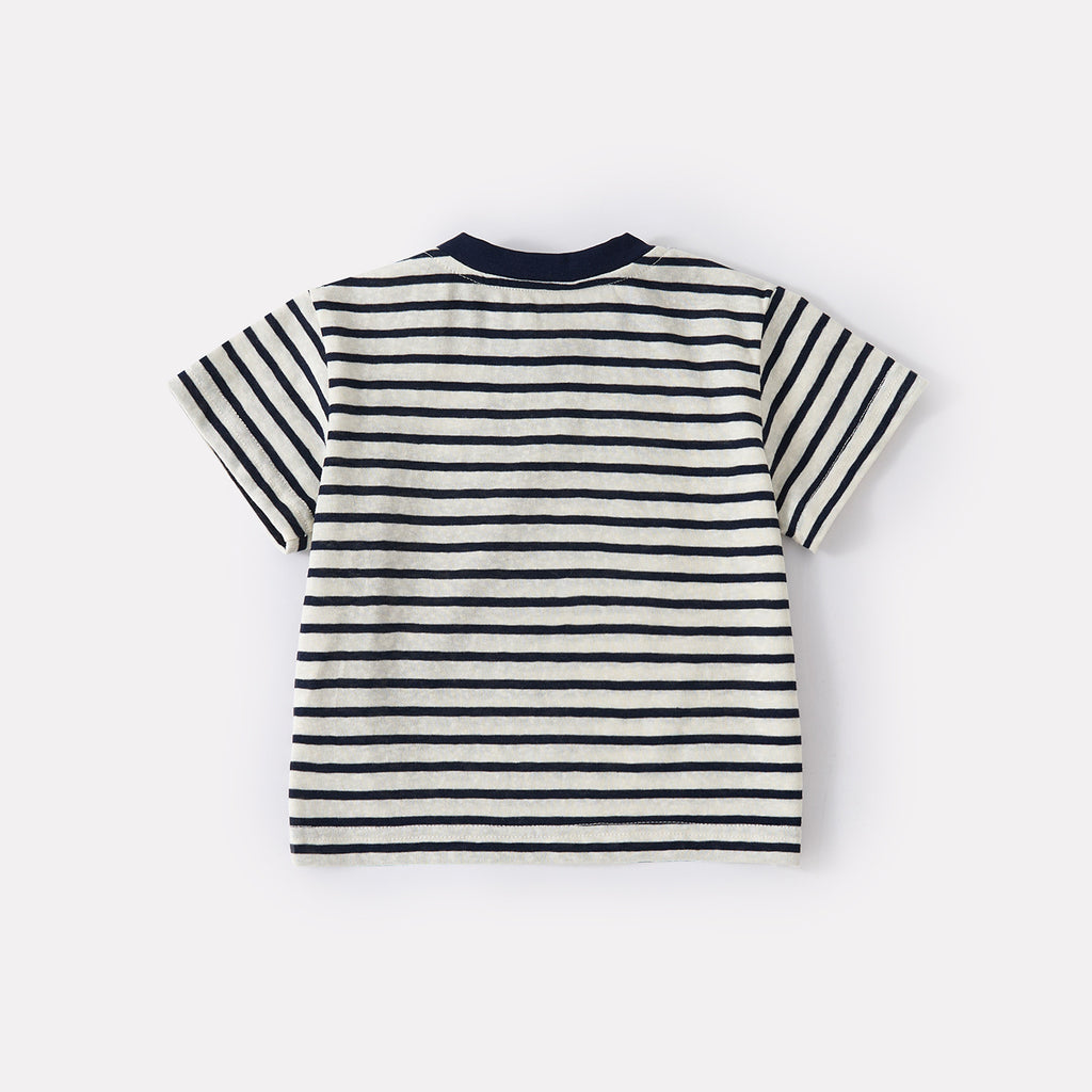 Lightweight Casual Cartoon Dog Stripe Short Sleeve T-Shirt with Stylish Versatile Denim Shorts