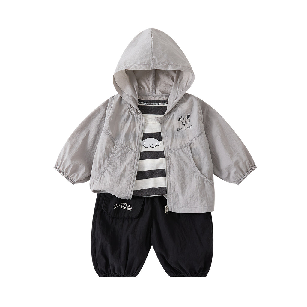Cartoon Printed Hooded Sun Protection Outfit Set for Toddlers Striped Vest and Pants 3-Piece Trendy Set