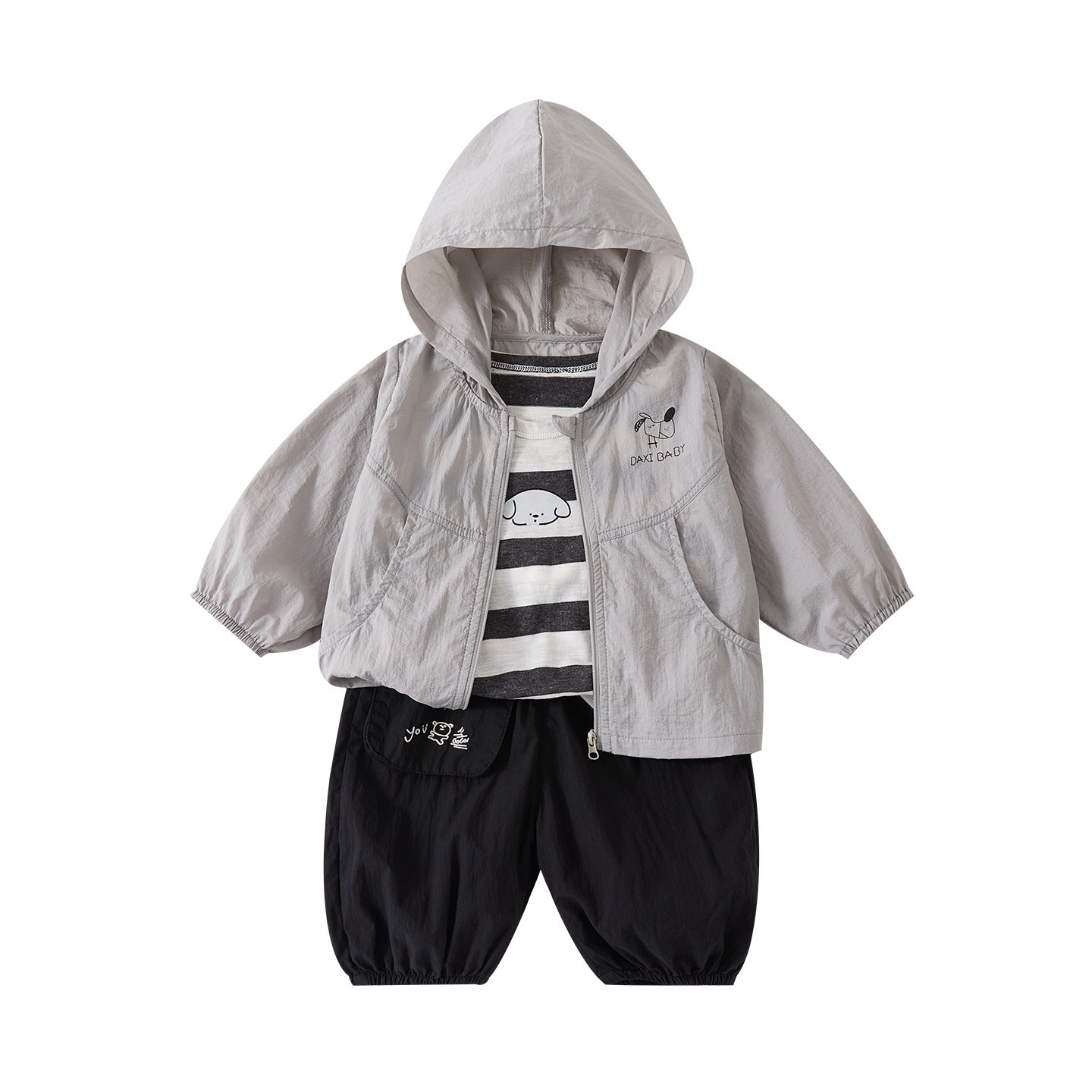 Cartoon Printed Hooded Sun Protection Outfit Set for Toddlers Striped Vest and Pants 3-Piece Trendy Set