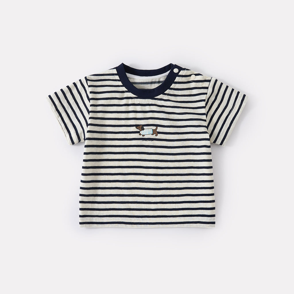 Lightweight Casual Cartoon Dog Stripe Short Sleeve T-Shirt with Stylish Versatile Denim Shorts