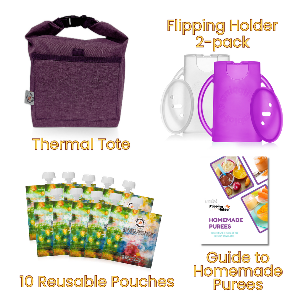 Baby Shower Gift Bundle | Flipping Holder, Reusable Pouches, Thermal Tote & Puree Guide