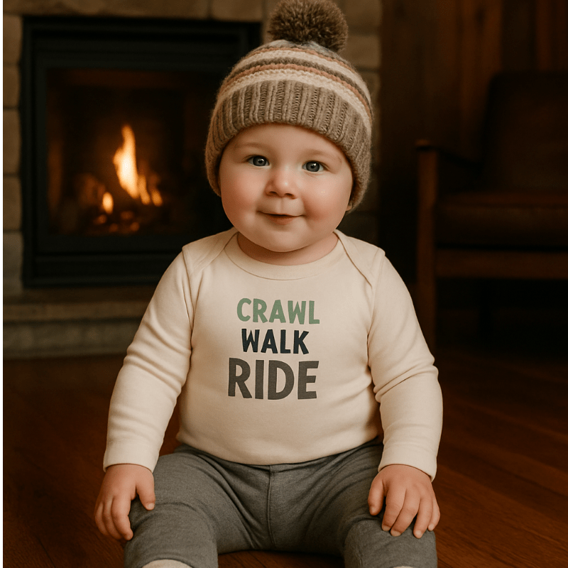 Crawl Walk Ride Baby Bodysuit | Long Sleeve Graphic Onesie for Future Adventurers