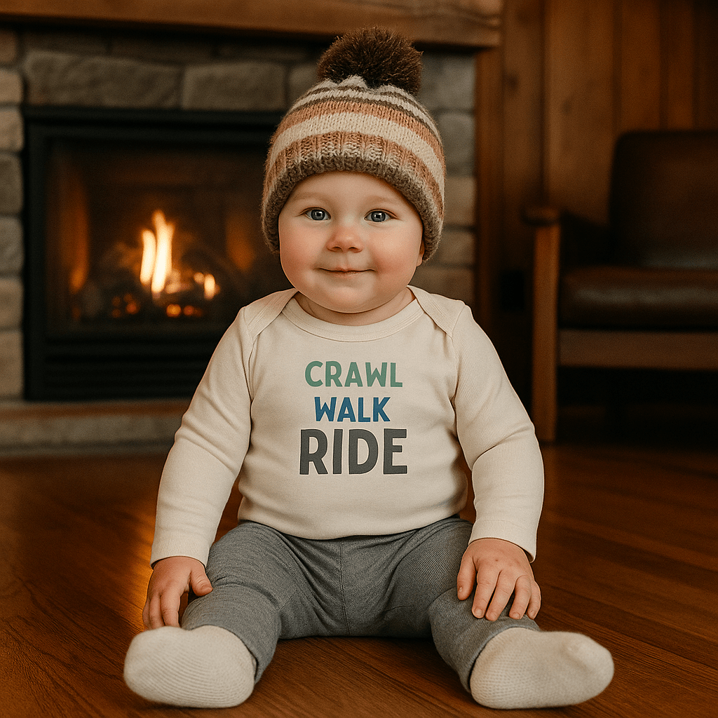 Crawl Walk Ride Baby Bodysuit | Long Sleeve Graphic Onesie for Future Adventurers